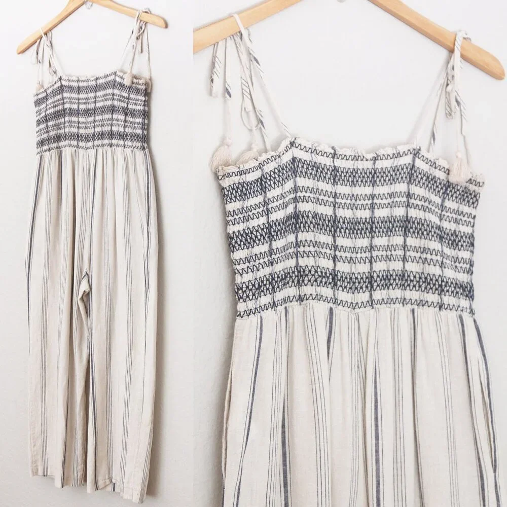 Madewell Striped Smocked Cami Jumpsuit S Cotton Linen Blend Tassel Strap Tie$138
